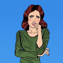 Nervous Pop Art Young Woman Biting her Nails. Vector illustration
