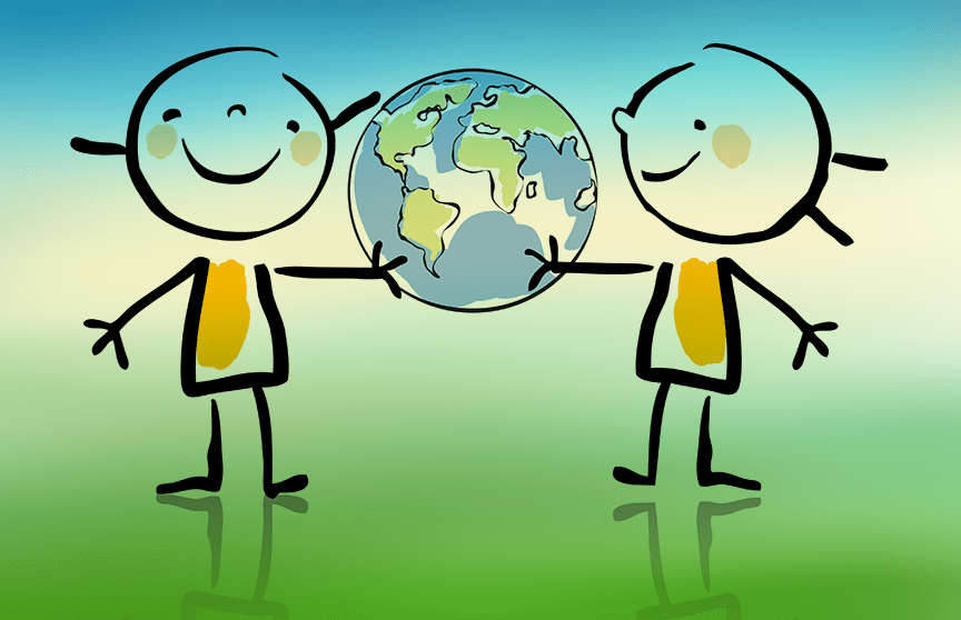 Cartoon drawing of two happy kids holding the globe. Copyrighted image.