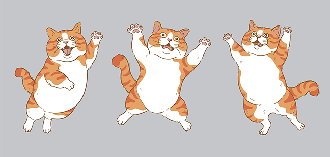 Three chubby cats jumping up ecstatically in play